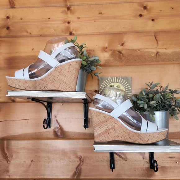 Franco Sarto 💜 Surprise 2 Ivory Leather Wedge Sandals Cork Strappy Platform 10M - Picture 3 of 10